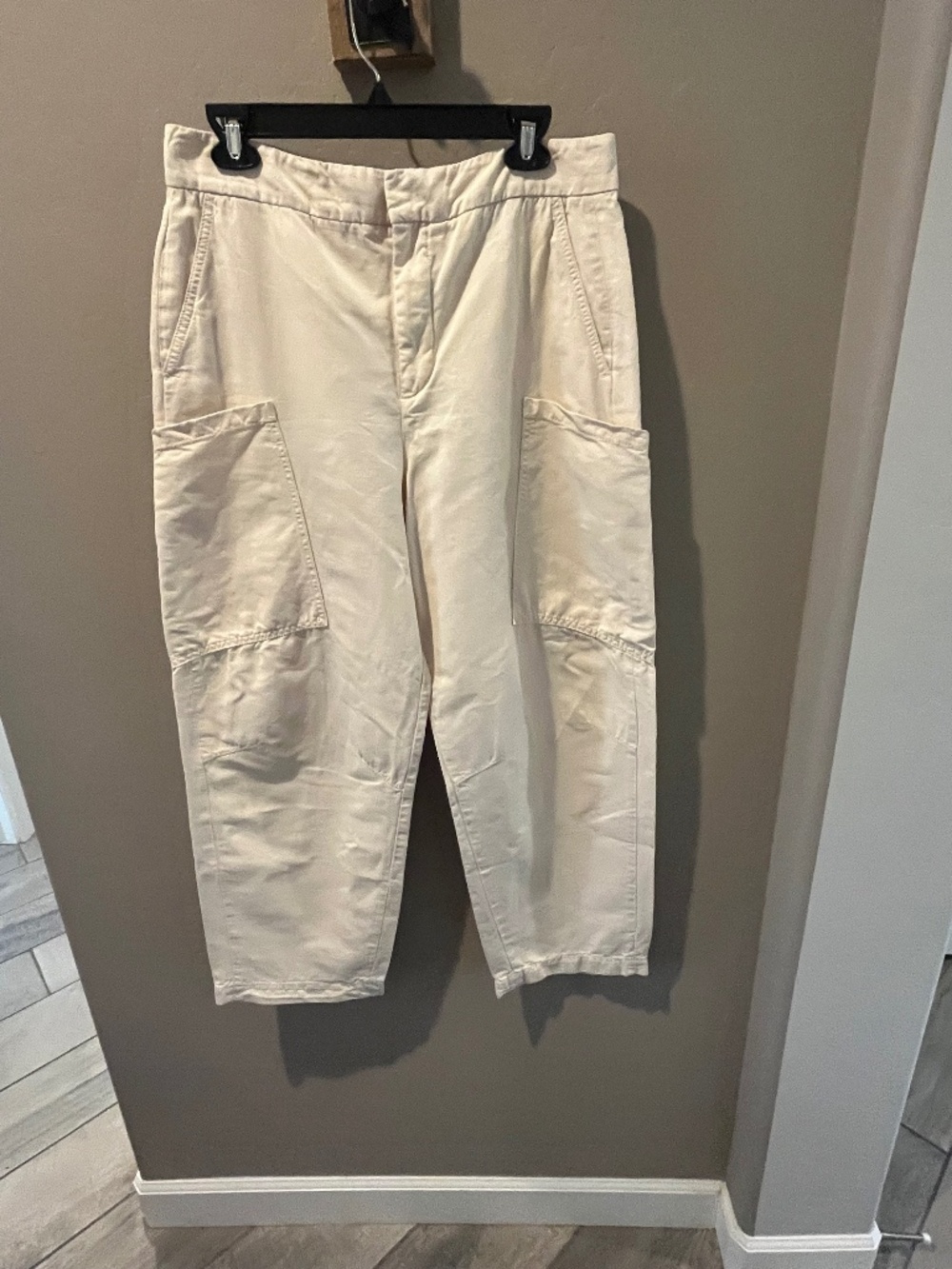 Zara Linen Cotton Blend Barrel-Leg Cargo Pants Cream Sz L Trendy Capsule Minimal
